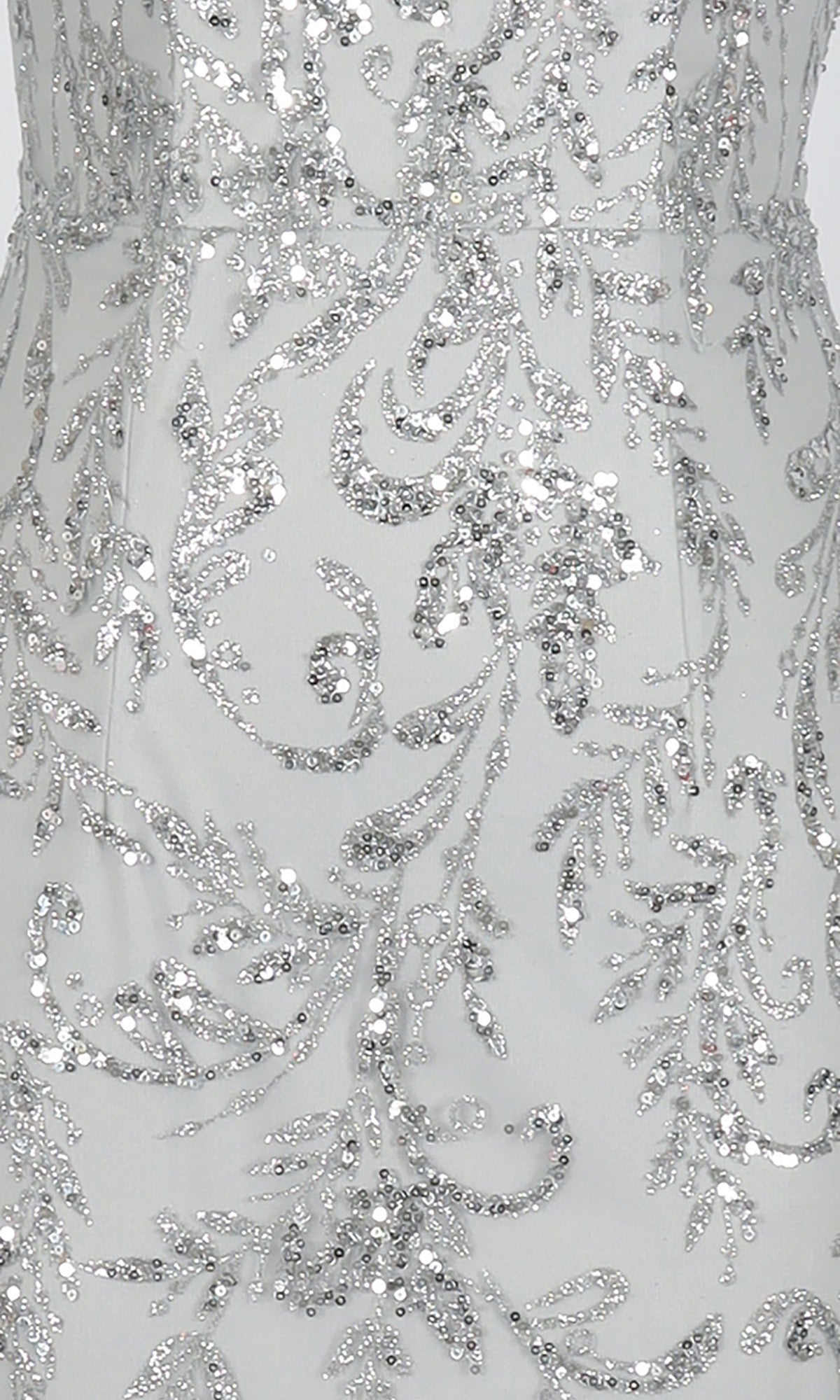 Close-up of the PromGirl Exclusive 250340B: a white bodycon mini dress adorned with intricate silver sequin embroidery in a floral and vine motif.